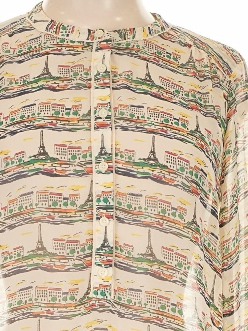 Banana Republic Paris Blouse in Cream, Button-Front, Round Collar, Eiffel Tower